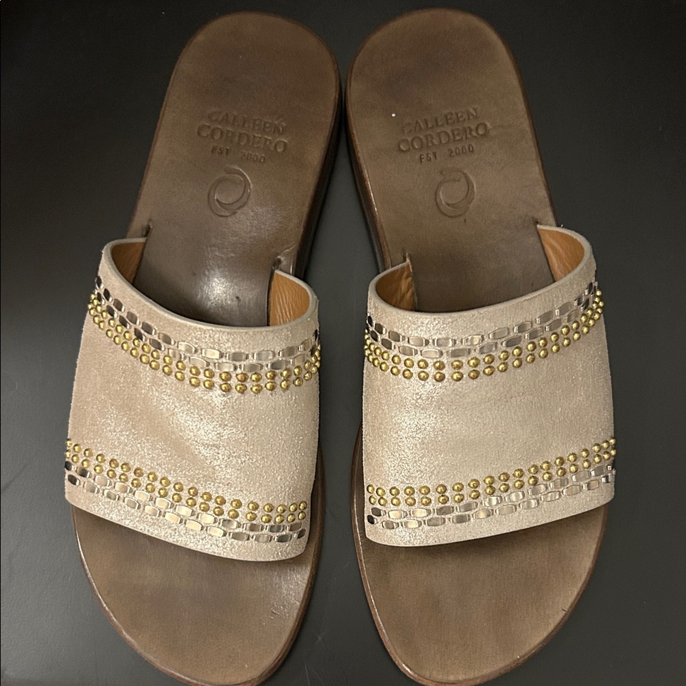 Colleen Cordero Tan and Gold Studded Sandals